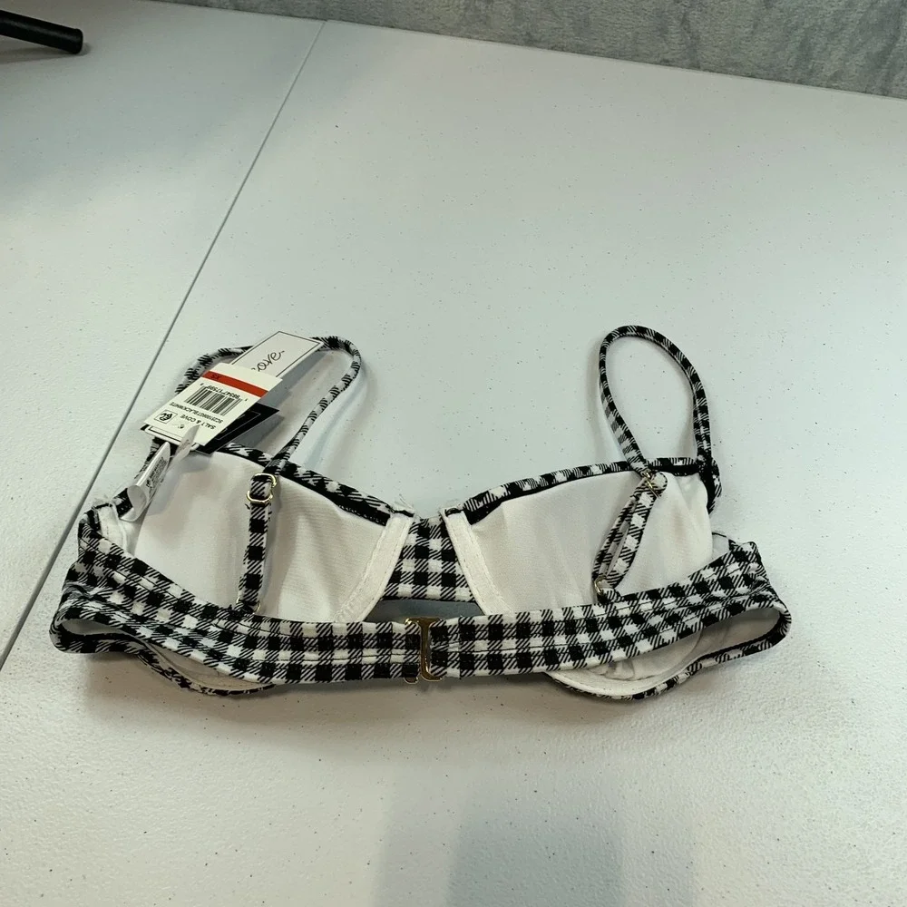 Salt & Cove Junior's Swim Bikini Top XS Black White Gingham Plaid Underwire